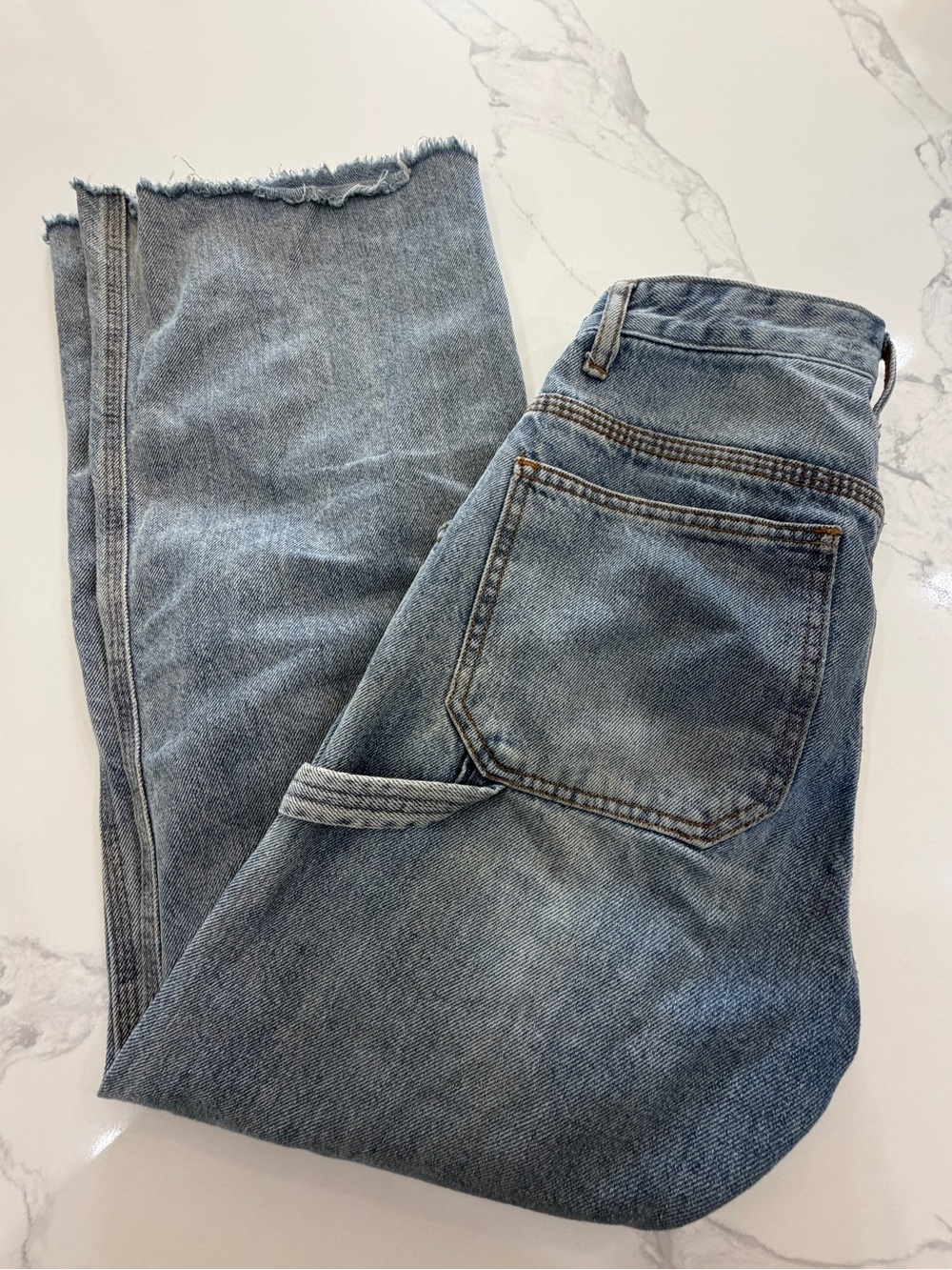 S.O.N.G. High Rise Wide Leg Carpenter Utility Jeans Y2K Raw Hem Blue Size 0 24 - Picture 2 of 9